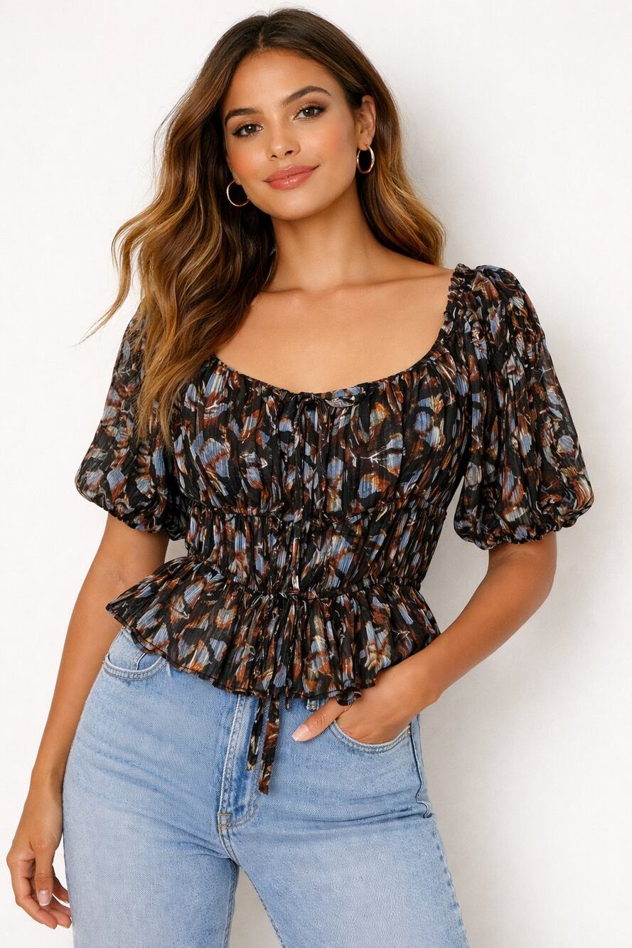 House of Harlow 1960 Women's Size Medium Brown & Blue Metallic Peasant Blouse